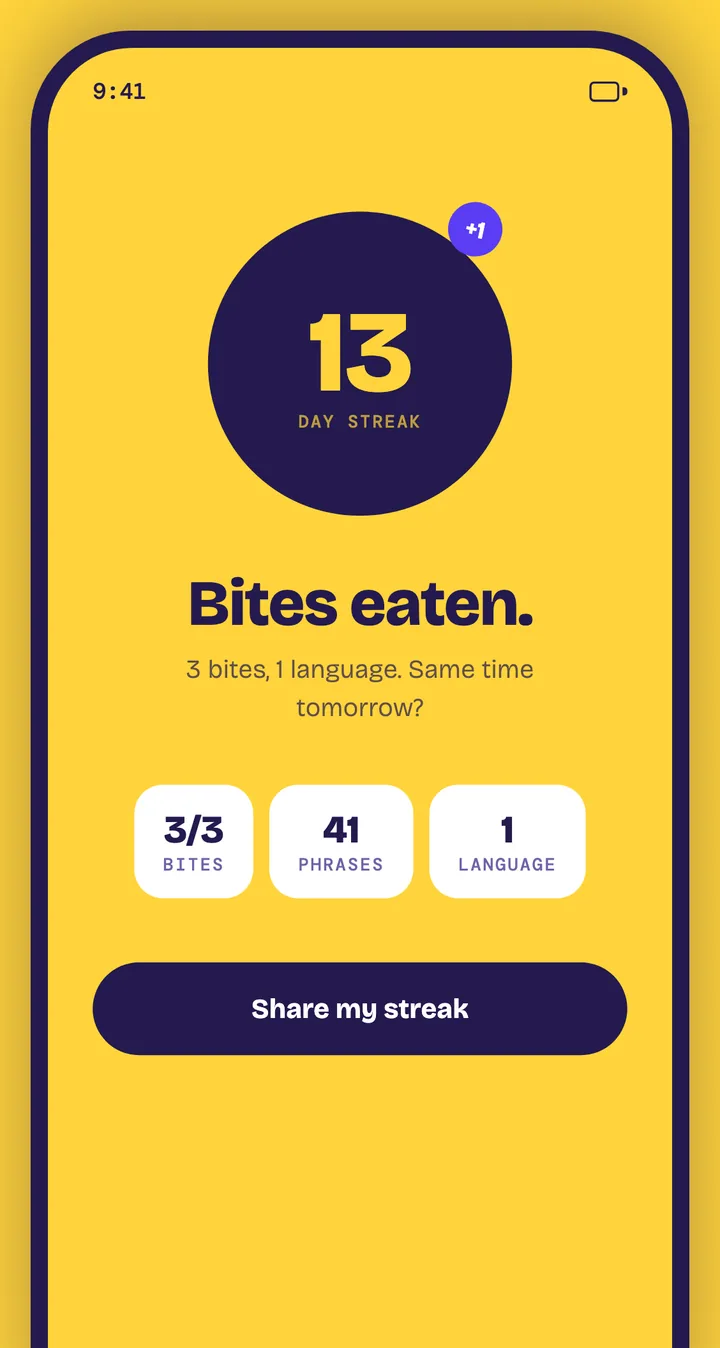 Thirteen-day streak and bites eaten